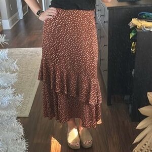 Very J Rust Brown Polka Dot Ruffled Maxi Skirt